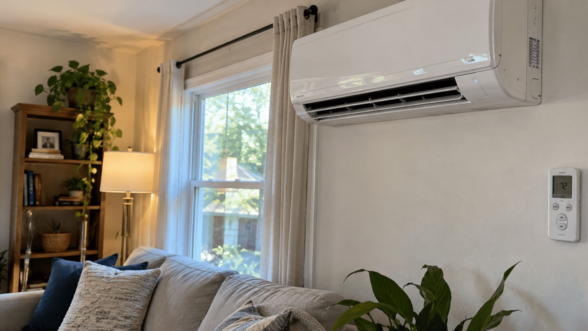 wall-mounted air conditioner cooling a bright american living room with natural daylight