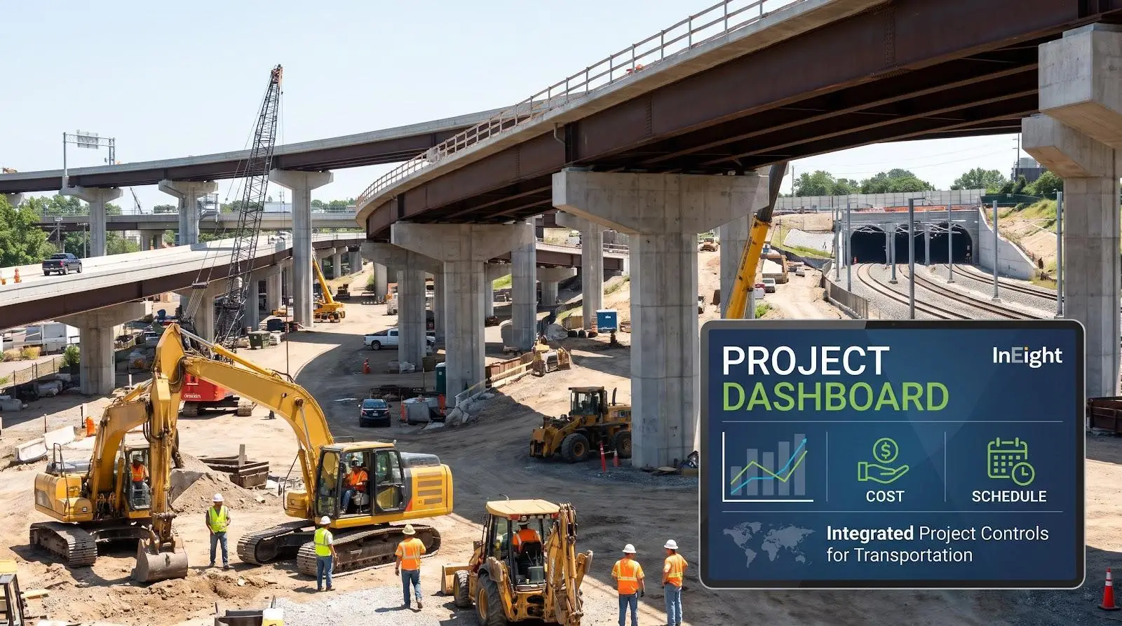 Construction site with heavy machinery and workers under elevated highway in sunny weather