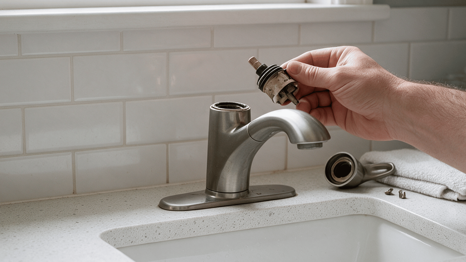 collage showing a worn washer, faucet cartridges, o-rings, and a valve seat with mineral buildup