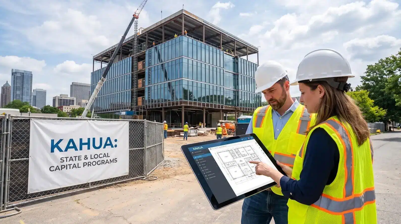 Construction workers in safety gear reviewing tablet plans at building site with glass structure in background