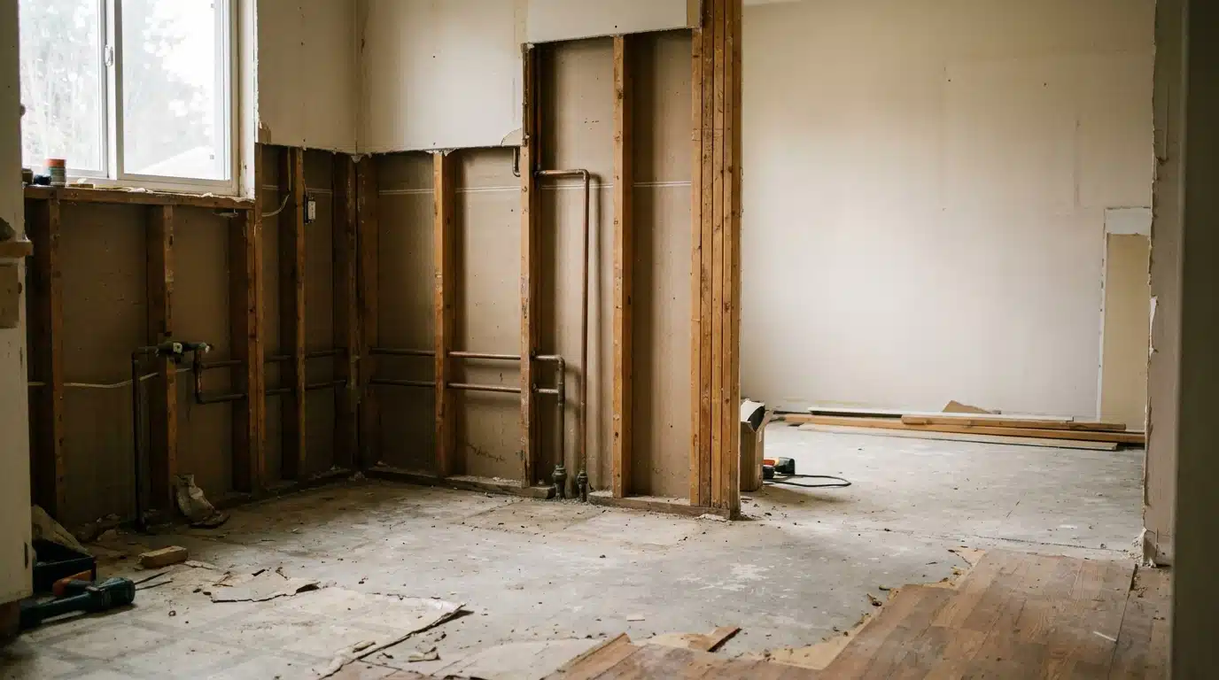 Partially demolished room with exposed wooden studs and plumbing, light streaming through a window