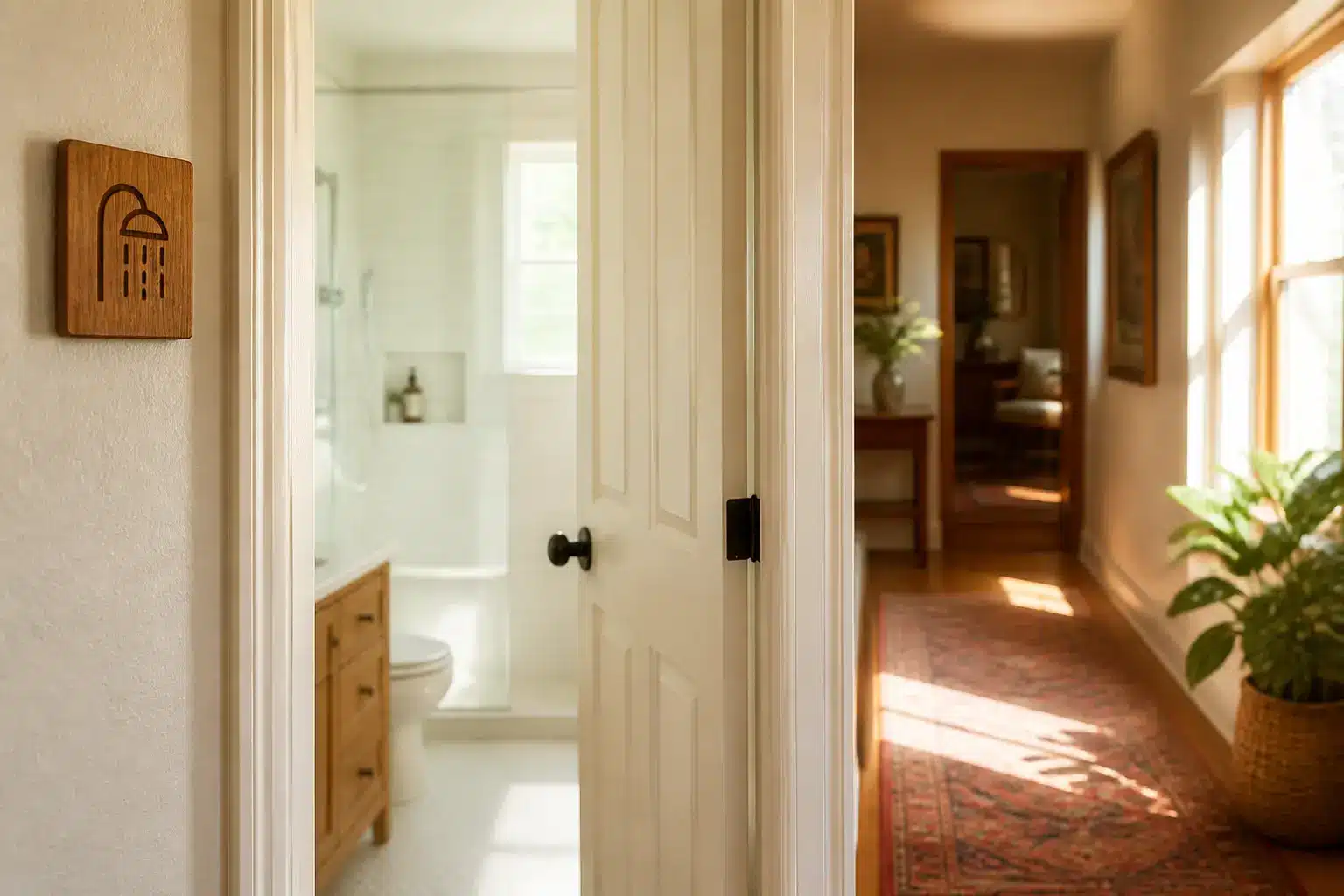 Open bathroom door leading to bright hallway with houseplant and patterned rug