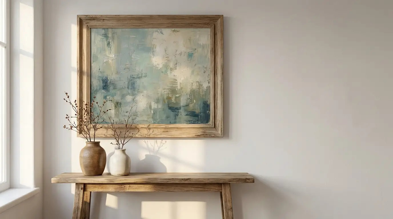 Wooden console table with two ceramic vases under abstract painting in bright room