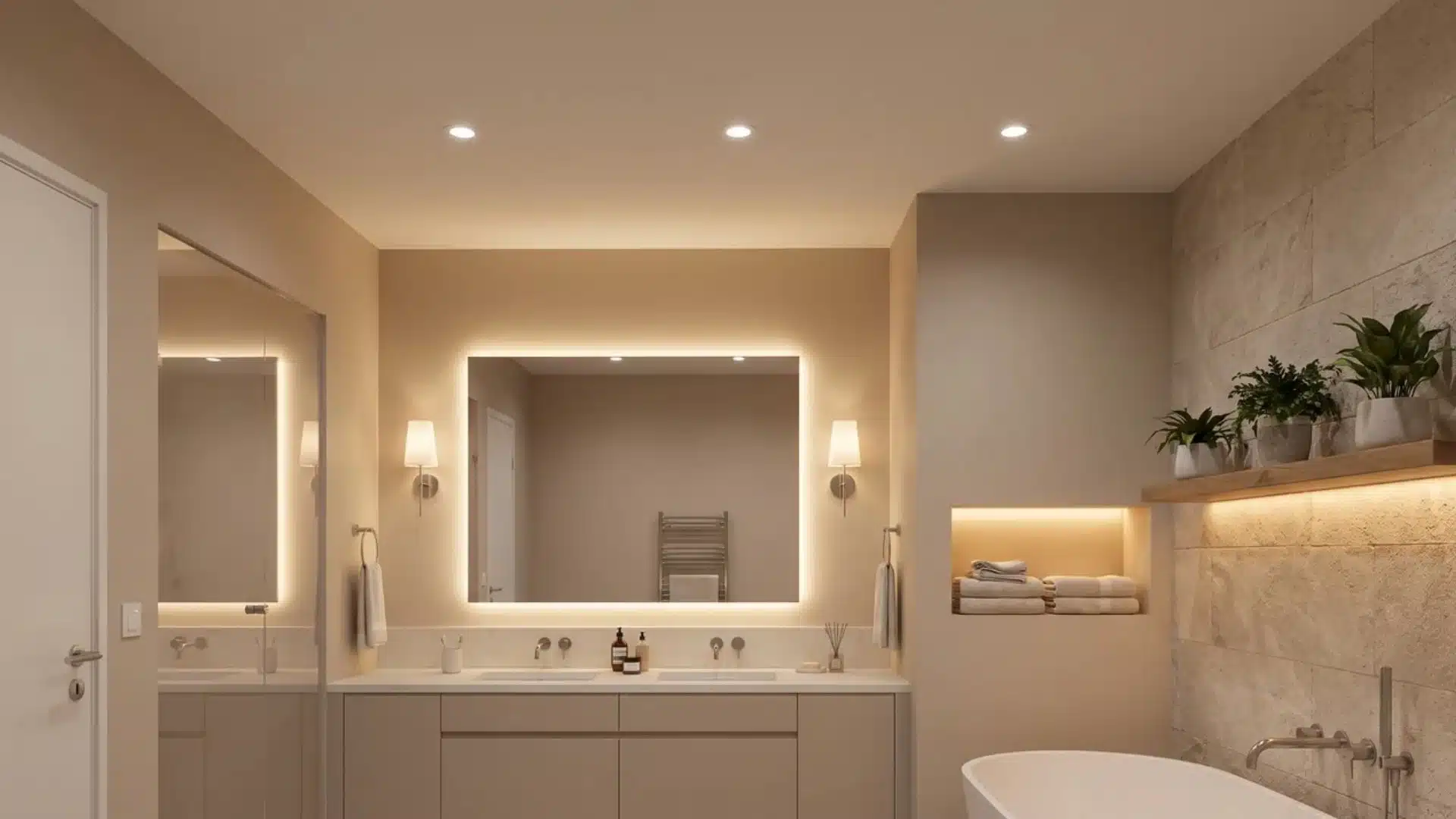 Spa bathroom combining ambient, task, and accent lighting.