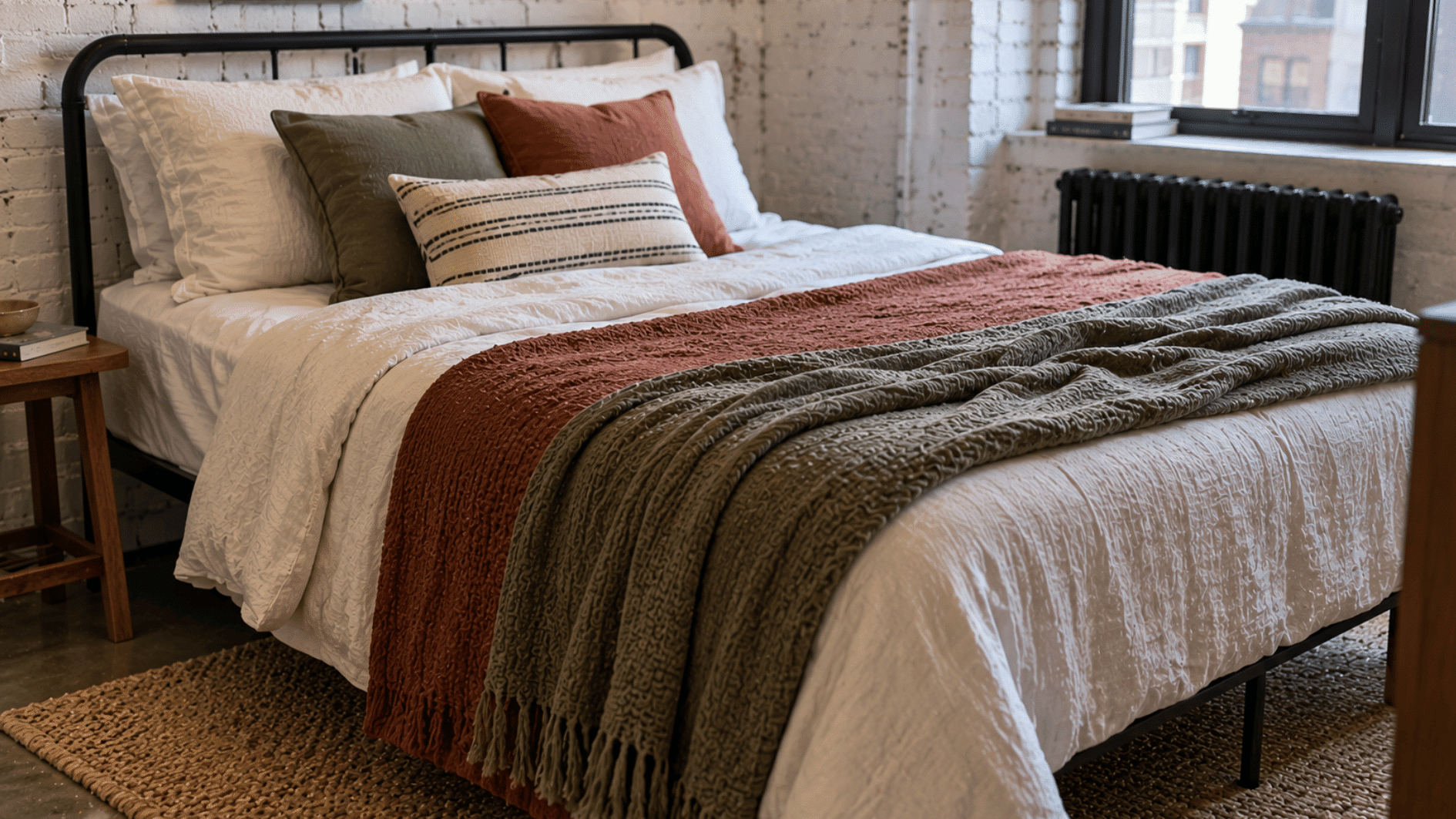 layered blue quilt and charcoal blanket add softness to a black-frame studio bed