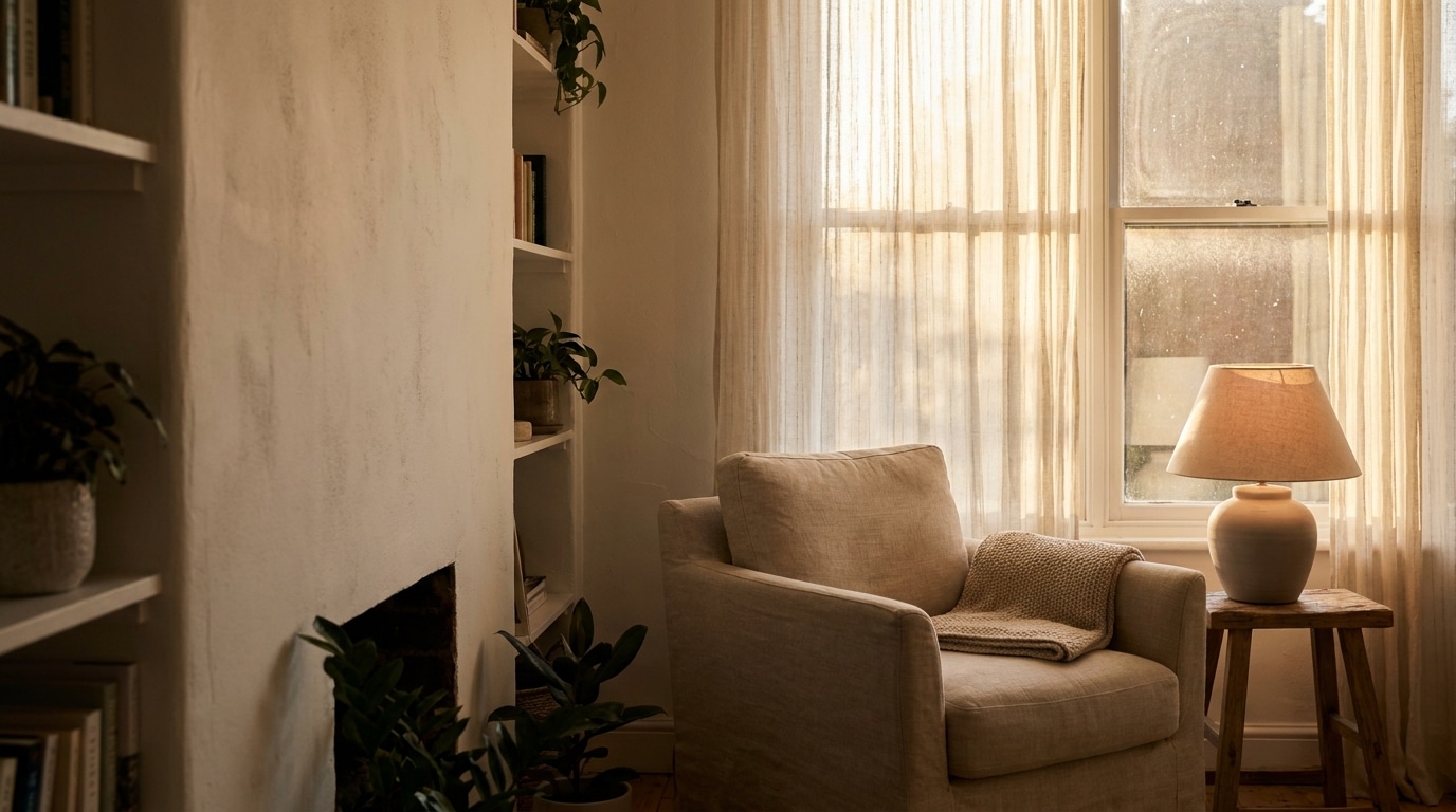 Cozy living room with armchair near window and soft lamp lighting