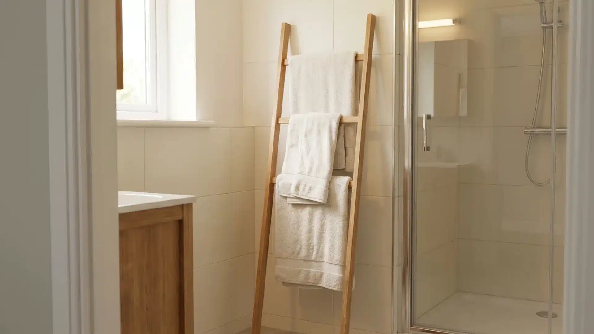 Slim wooden leaning ladder rack holding towels in a compact spa bathroom.