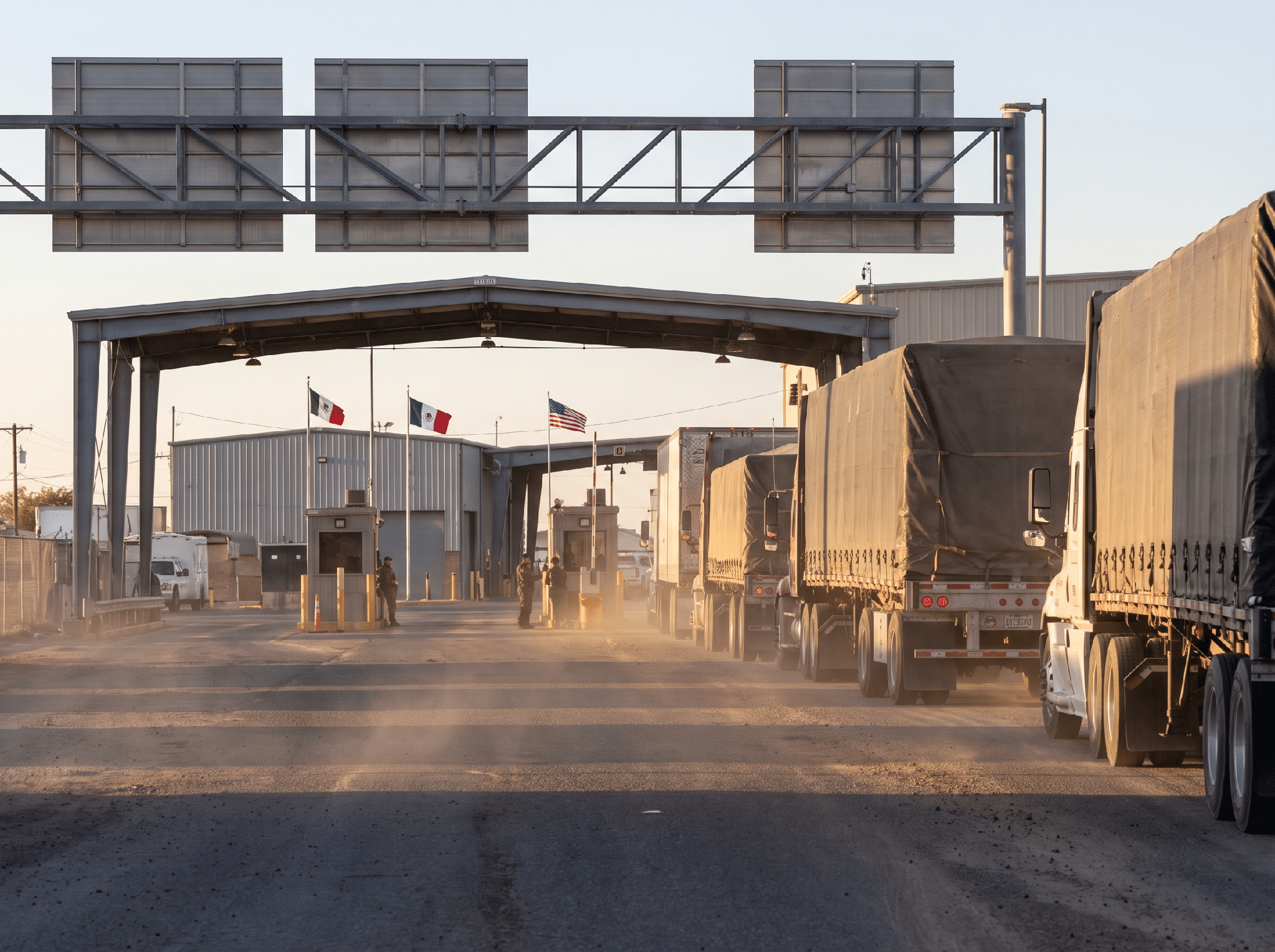 Line of freight trucks waiting at a US-Mexico border customs checkpoint