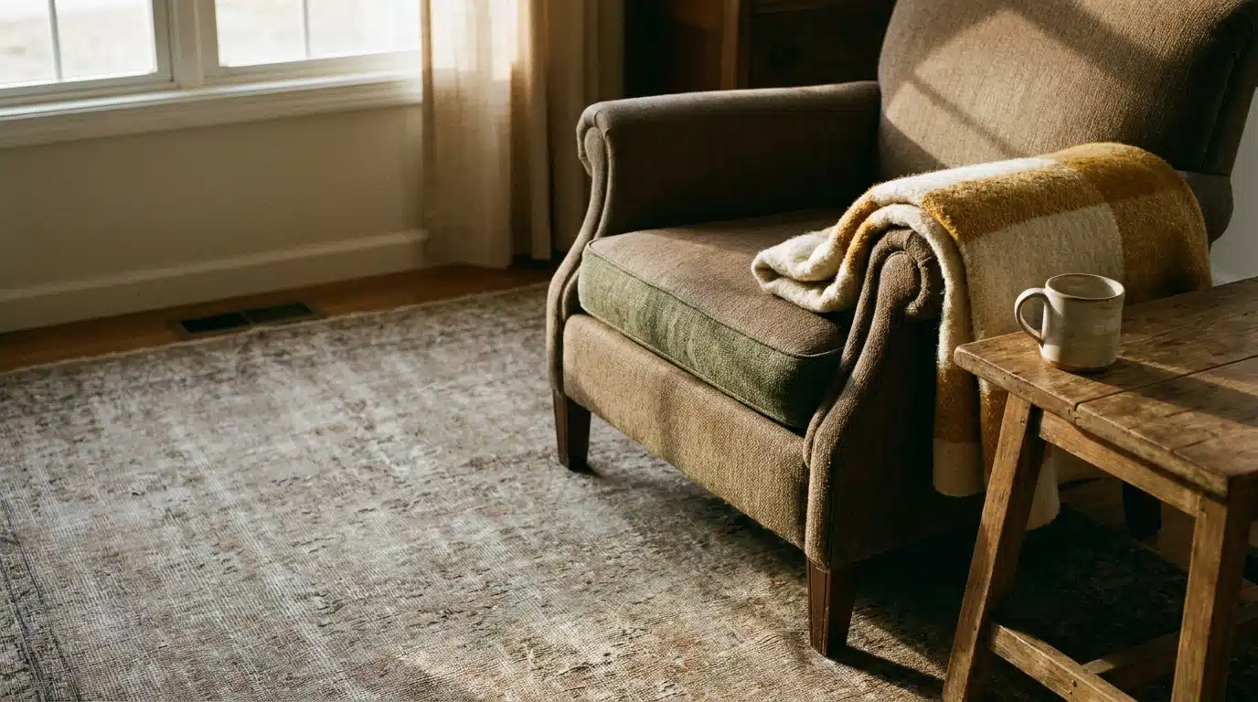 Brown armchair with plaid blanket next to wooden table in sunlit living room