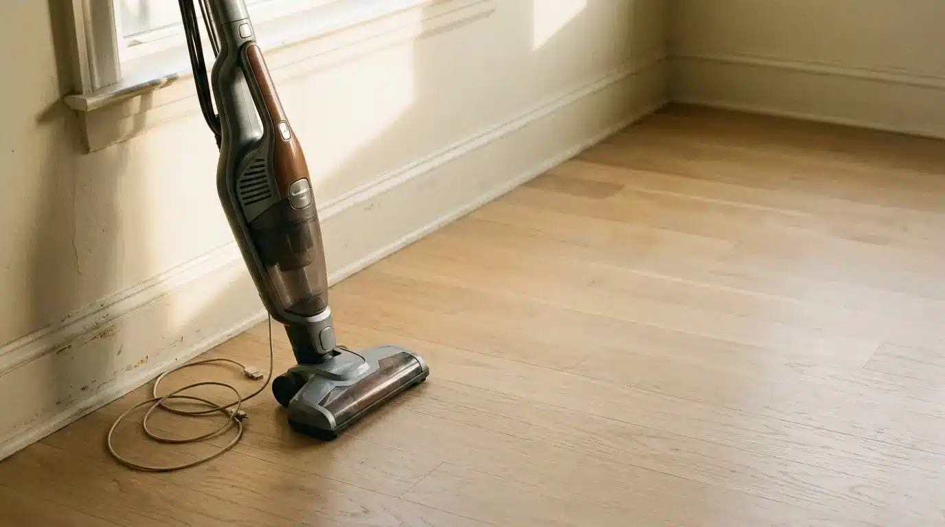 Cordless vacuum cleaner on light wood floor in sunlit room corner