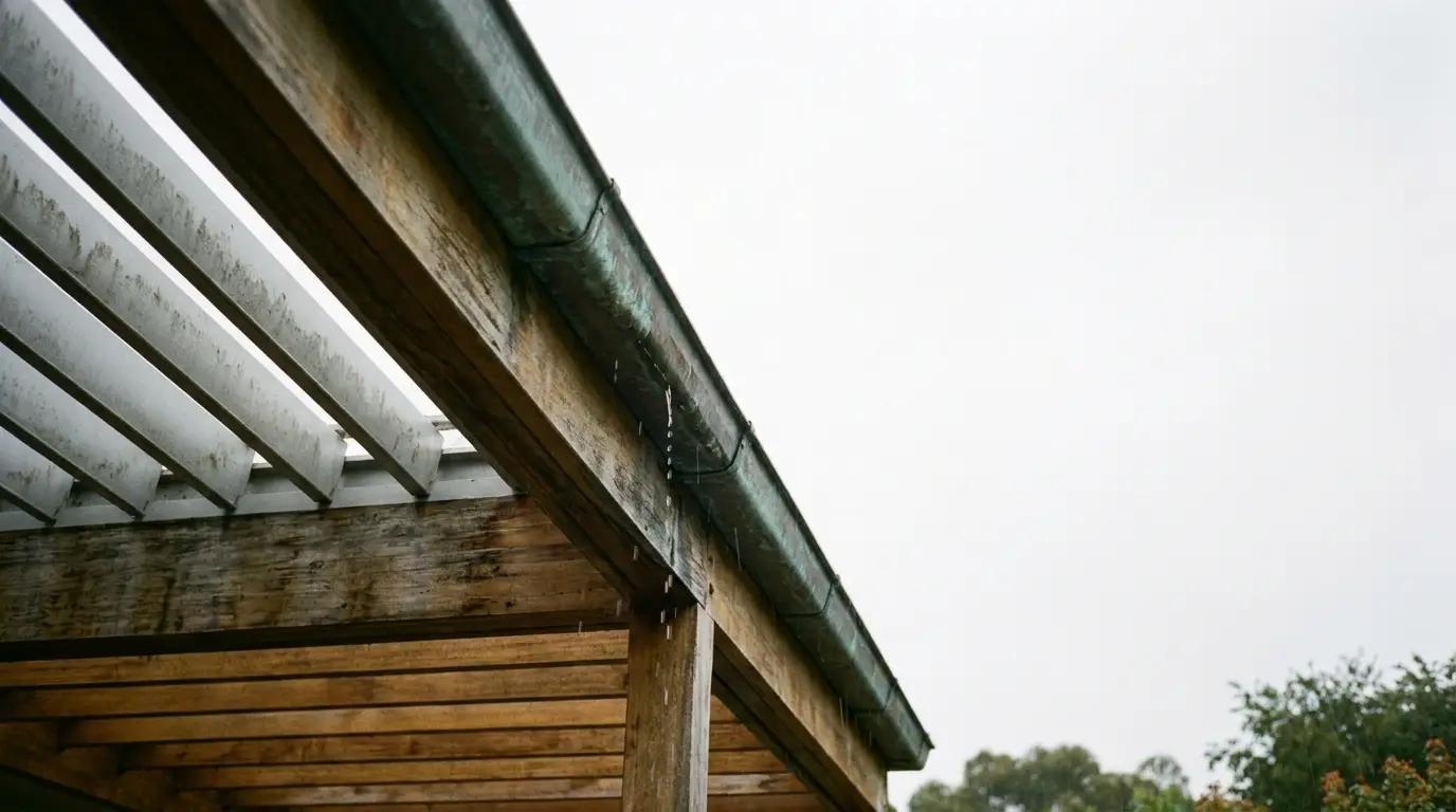 Wooden pergola with rainwater gutter in outdoor garden setting