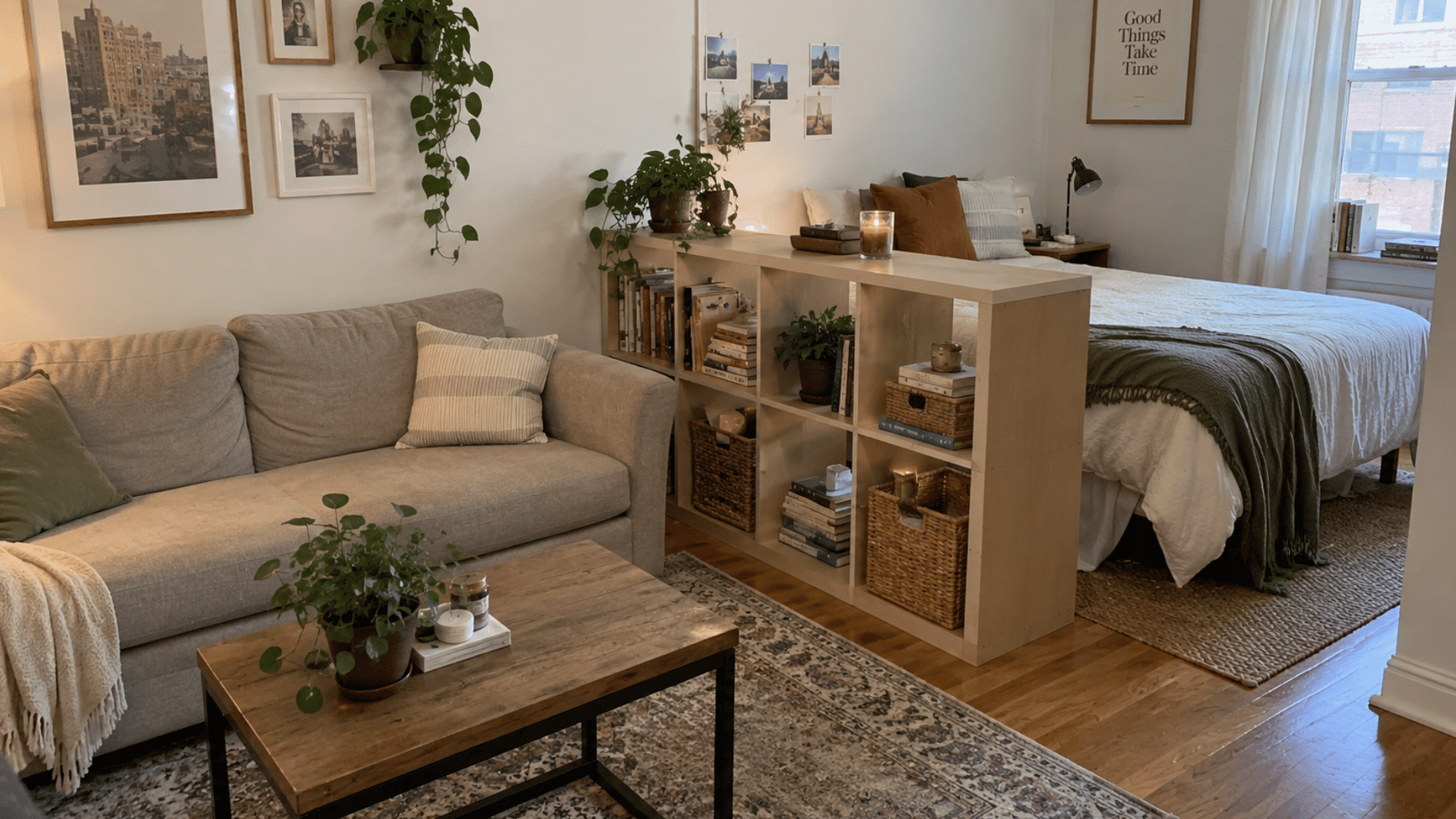 low open bookcase separates the bed and sofa in a realistic small studio apartment