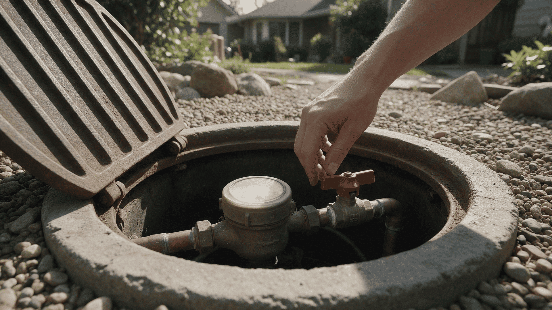 hand inspecting a residential water meter valve in an outdoor utility box