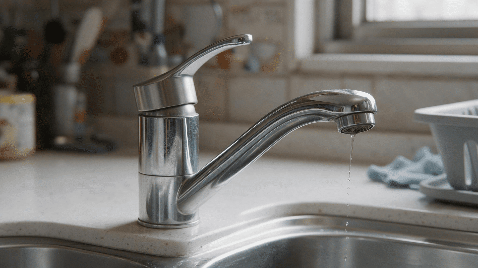 chrome kitchen faucet dripping weak water stream showing low water pressure in a modern sink setting with blurred background