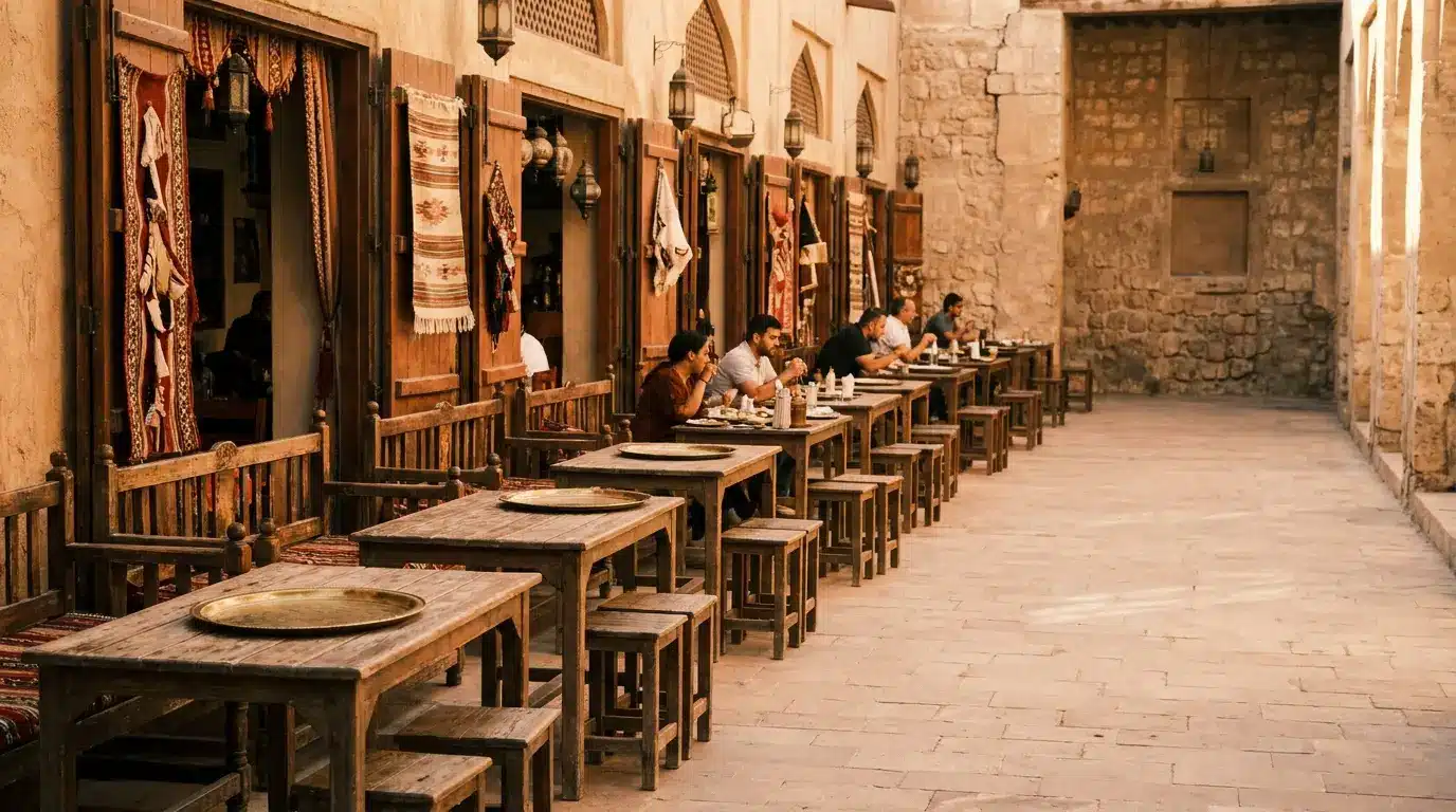Outdoor café with wooden tables and chairs, people dining in warm, historic setting