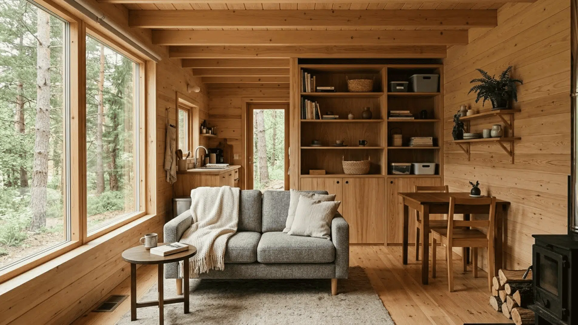 minimalist small cabin interior with simple furniture, built-in storage and open floor layout