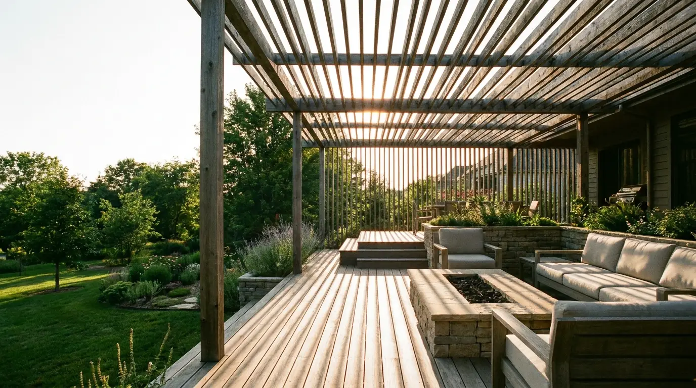 Wooden pergola over outdoor seating area with cushioned sofas in a backyard garden setting