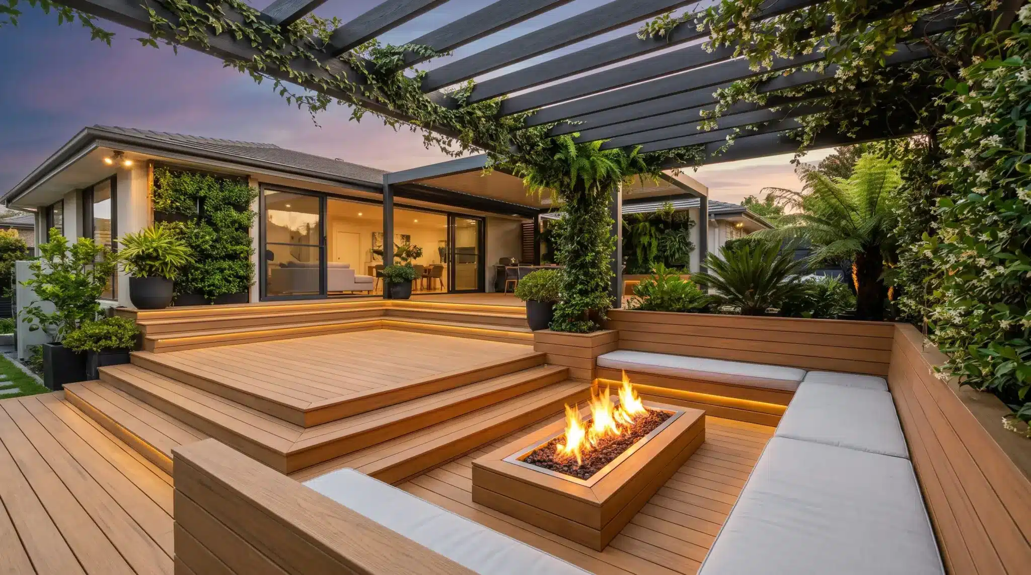 Modern backyard patio with fire pit, wood decking, lush plants, and pergola at sunset