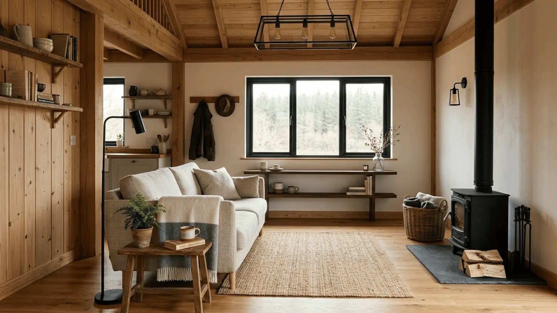 modern rustic cabin interior with clean lines neutral furniture black metal accents and wood details