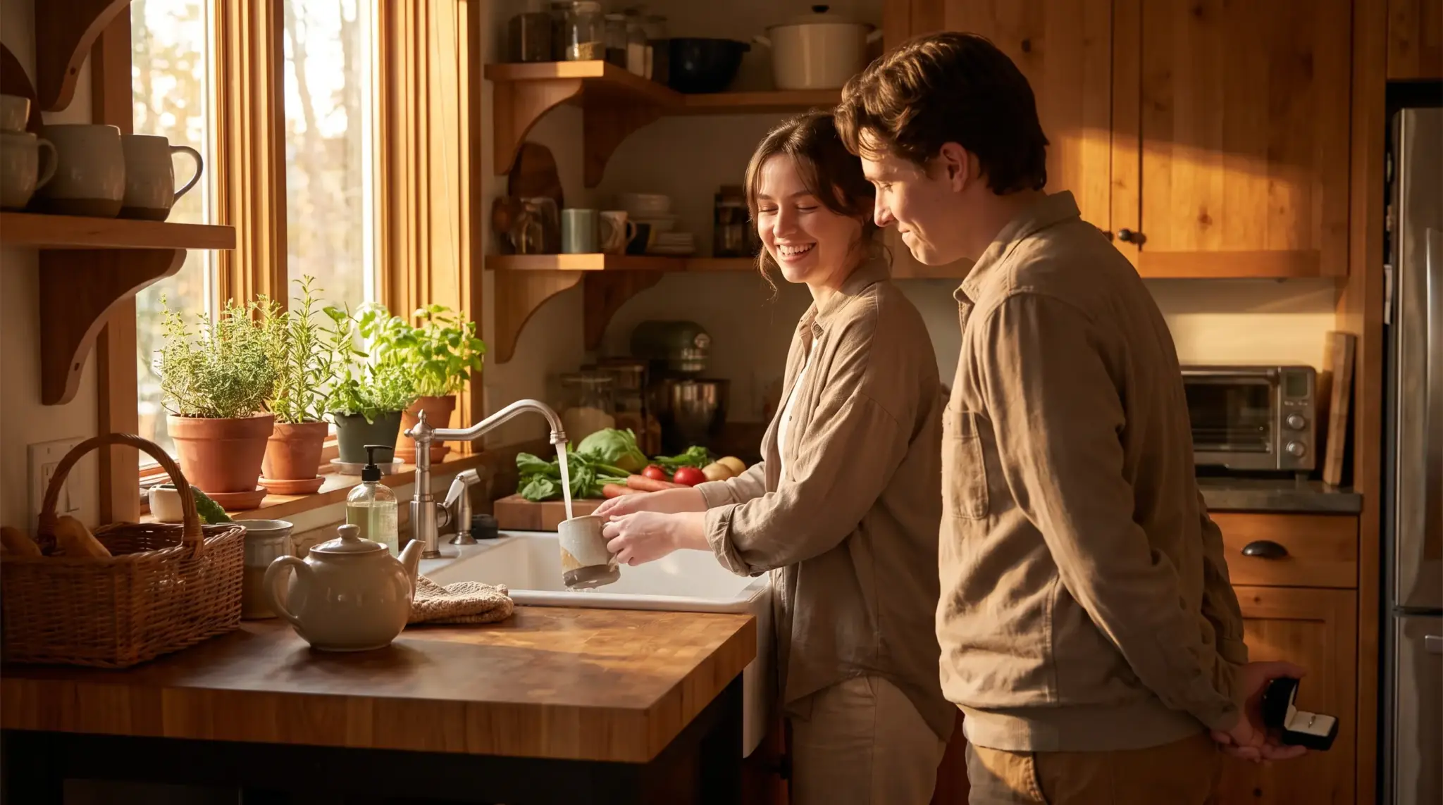 Couple in cozy kitchen, washing cup at sink with potted herbs on windowsill