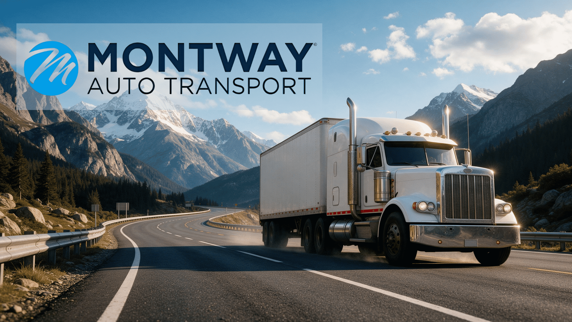 large transport truck driving on a mountain highway with scenic peaks during vehicle shipping service