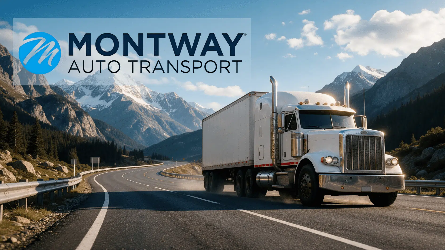 large transport truck driving on a mountain highway with scenic peaks during vehicle shipping service