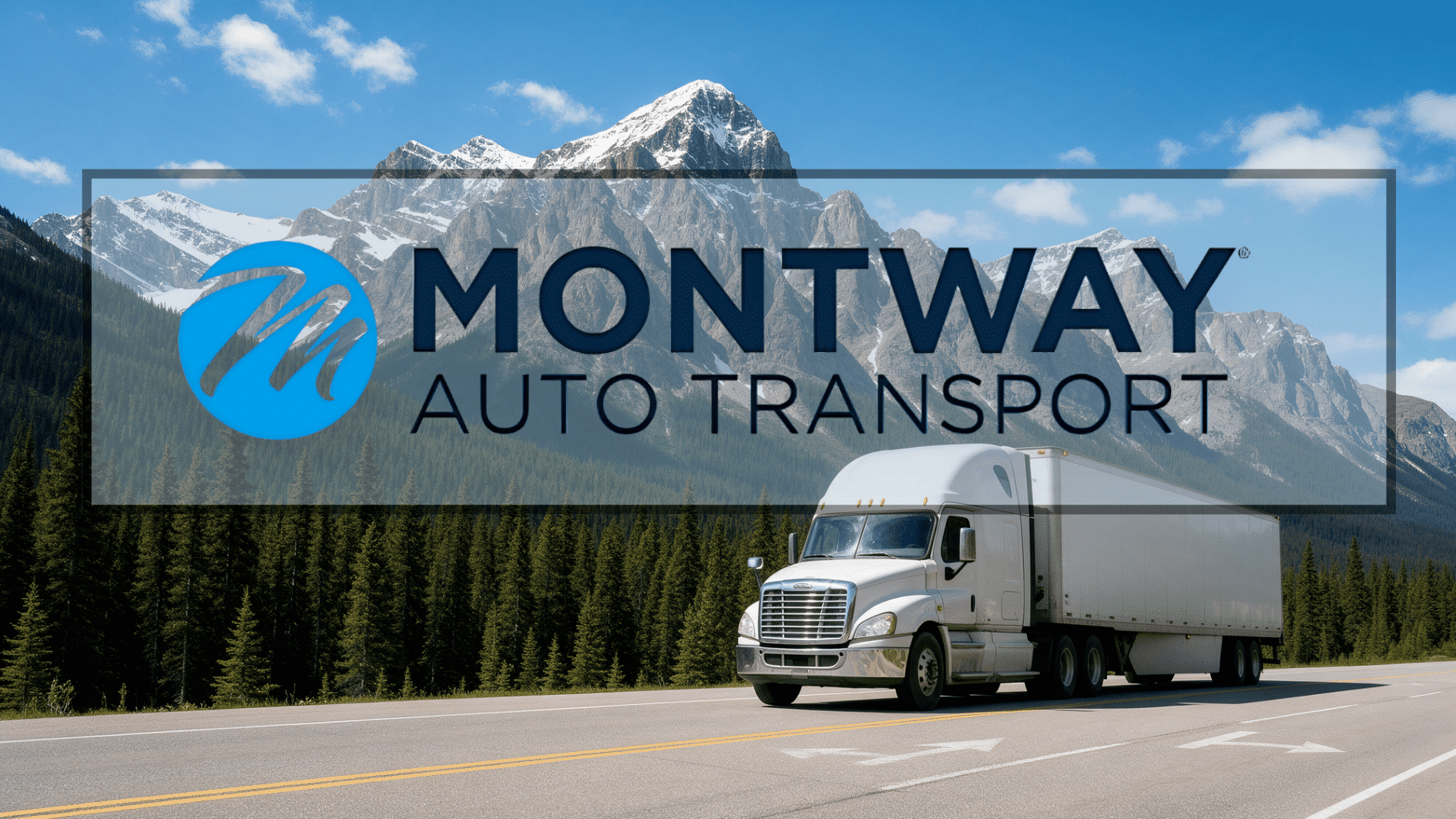 montway auto transport truck driving on a mountain road with company branding and scenic landscape background