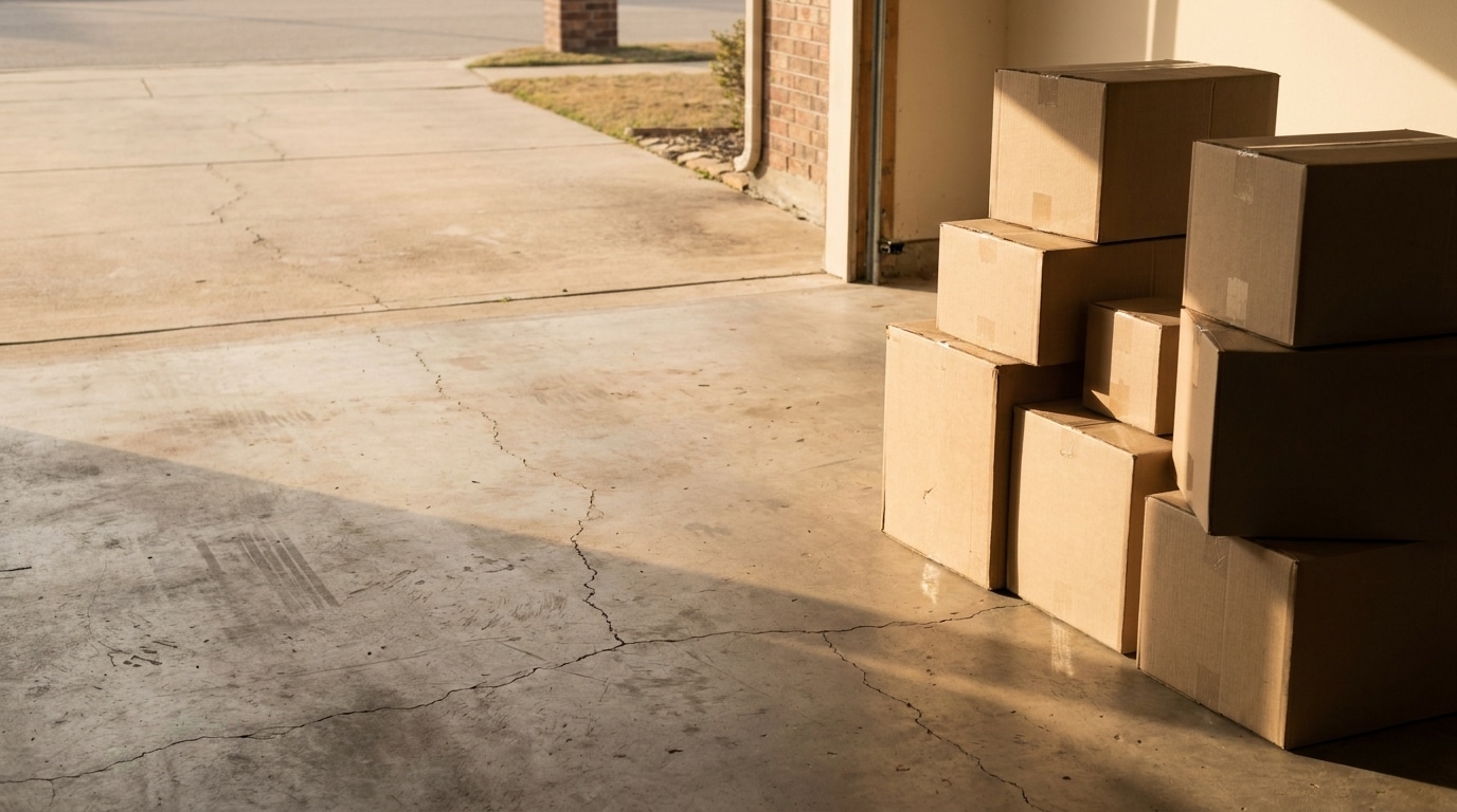 Cardboard boxes stacked in sunny garage with concrete floor and open door