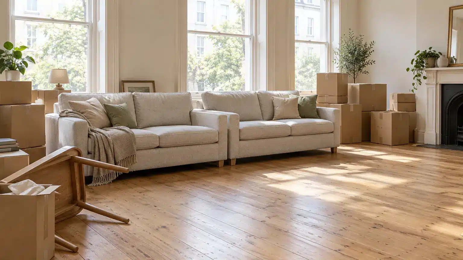 Gray sofas and stacked moving boxes in bright living room with hardwood floors and large windows