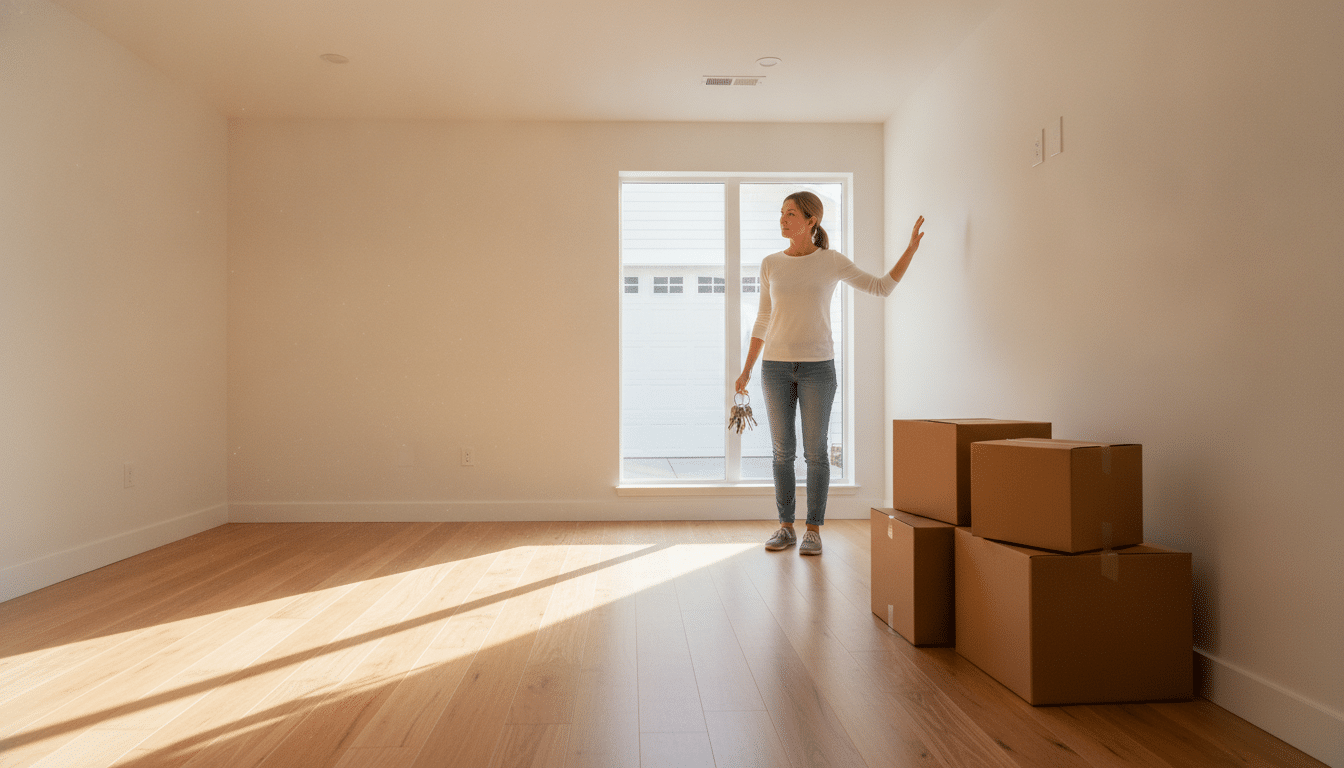 Woman with keys standing in sunlit empty room with stacked moving boxes
