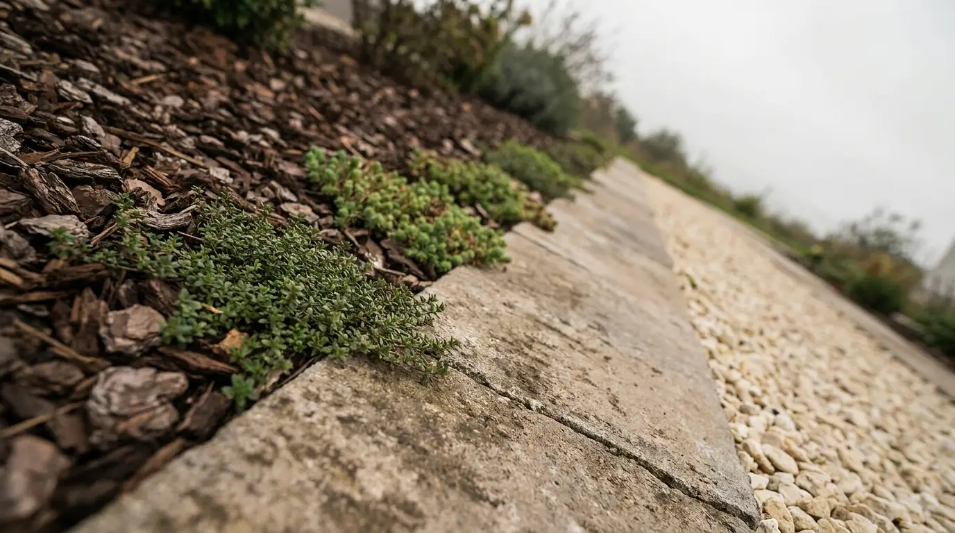 Mulched garden bed with green plants alongside stone and gravel path in overcast outdoor setting
