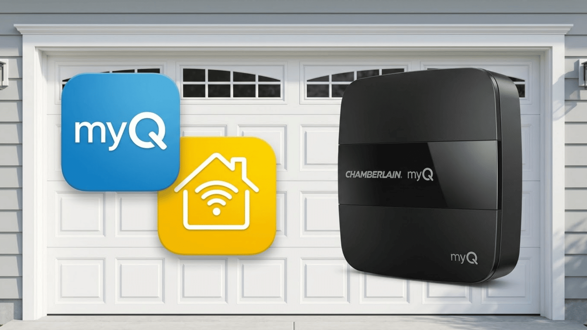 smart garage door with myq app icons and chamberlain hub displayed against a white suburban garage