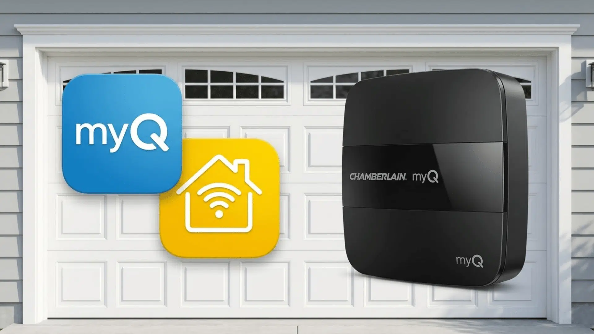 smart garage door with myq app icons and chamberlain hub displayed against a white suburban garage