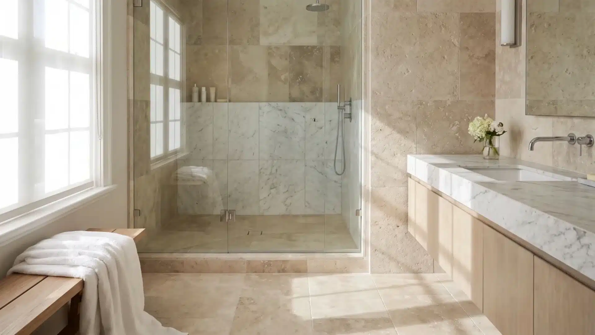 Marble, travertine, or limestone tile with natural veining in a spa bathroom.