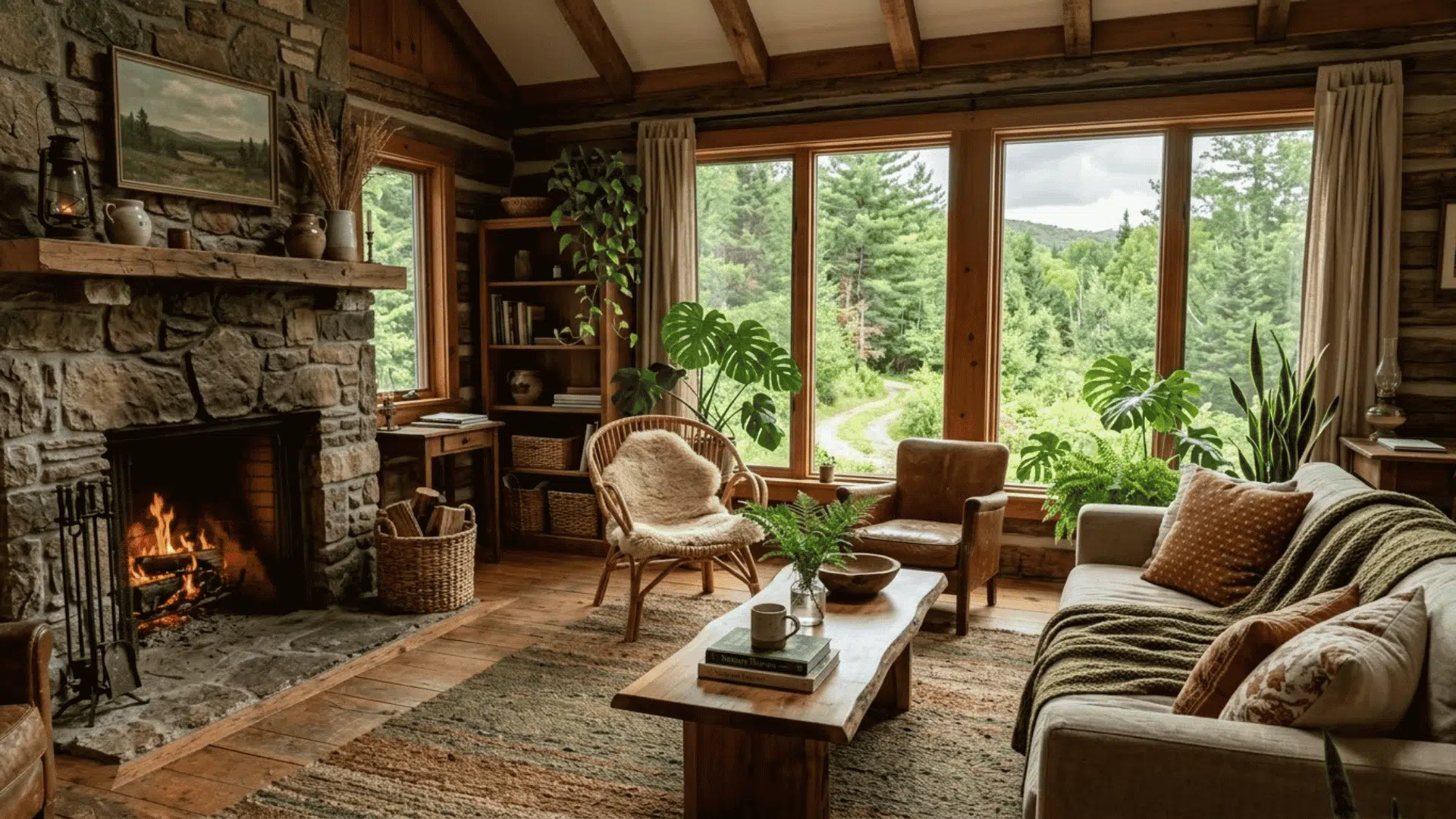 nature-inspired cabin interior with plants, stone details, natural fabrics, and earthy decor