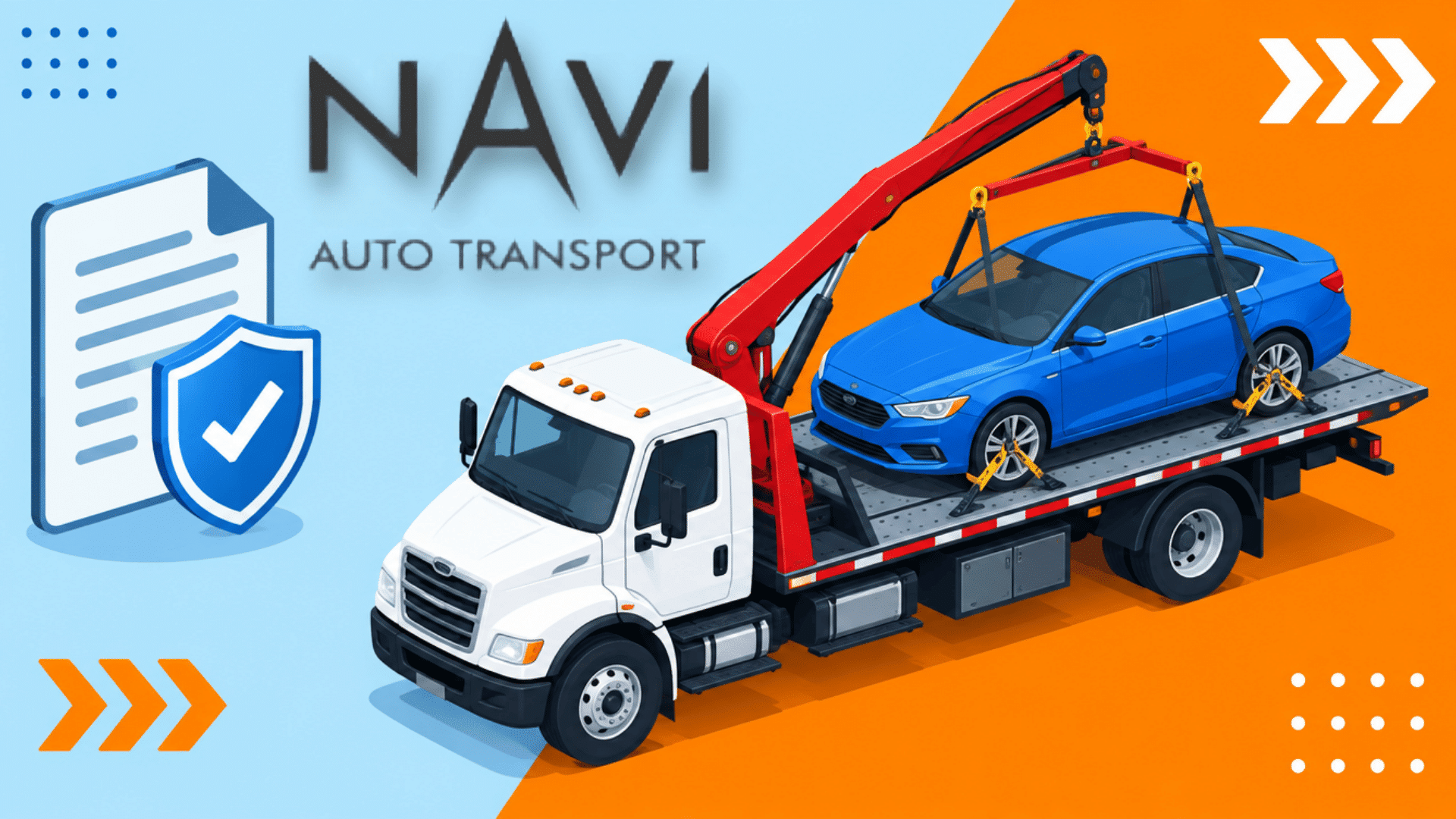 navi auto transport ratings graphic showing a car carrier truck with vehicle and review symbols
