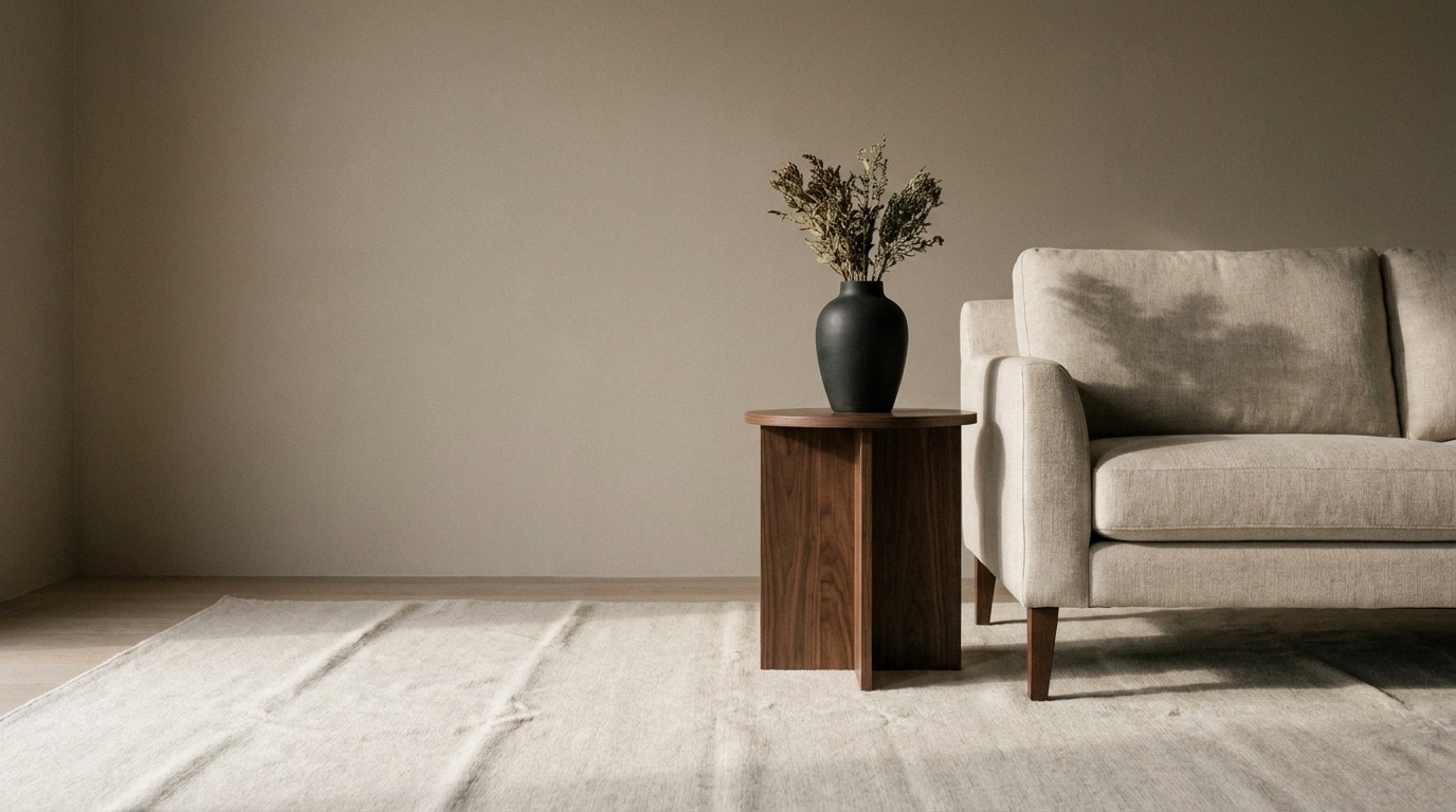 Beige sofa and wooden side table with black vase in minimalist living room