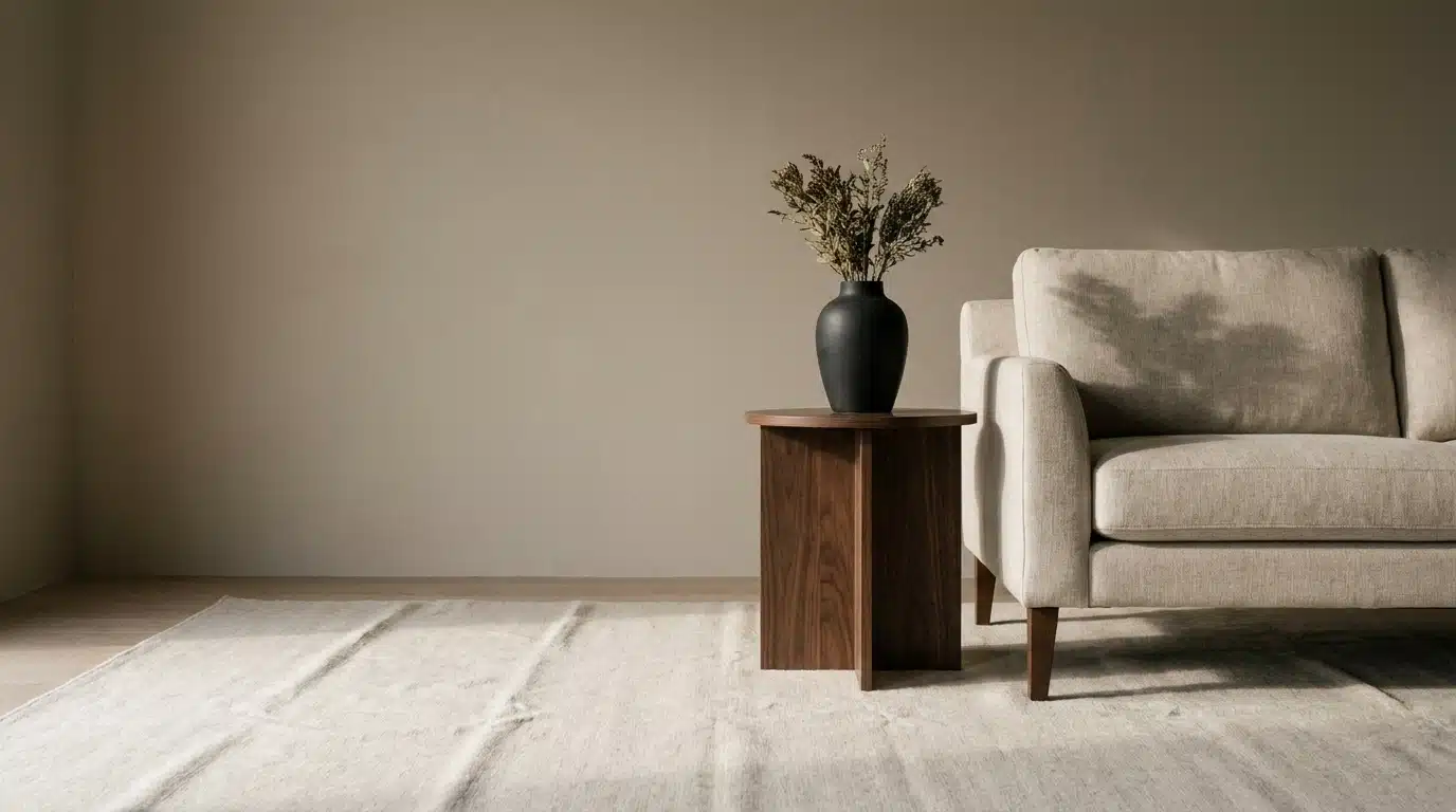 Beige sofa and wooden side table with black vase in minimalist living room