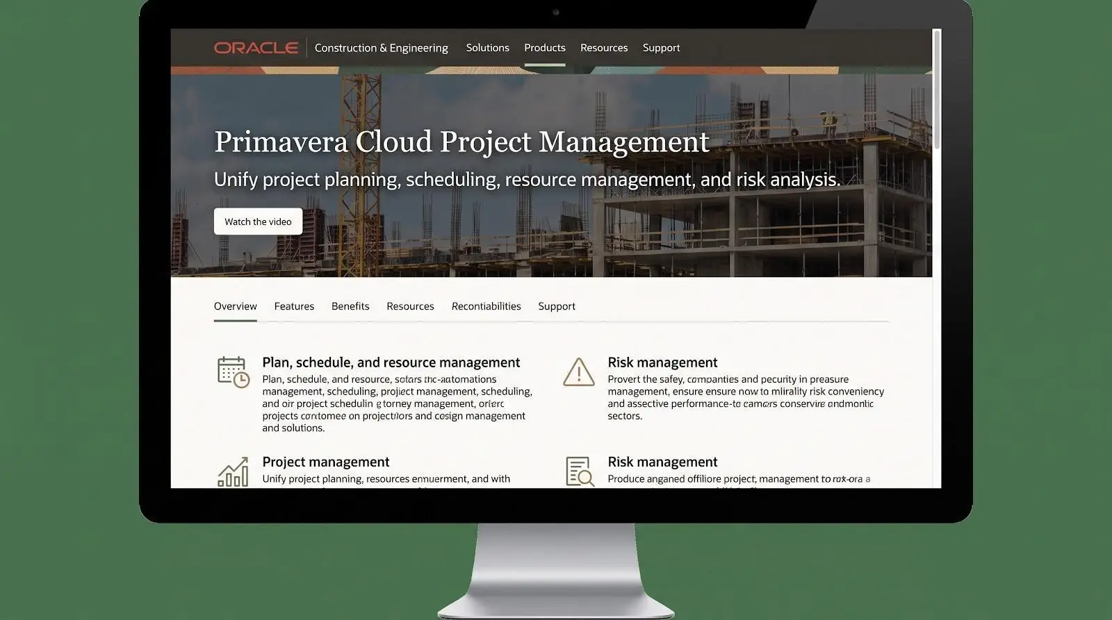 Computer screen displaying Primavera Cloud Project Management website with construction site background