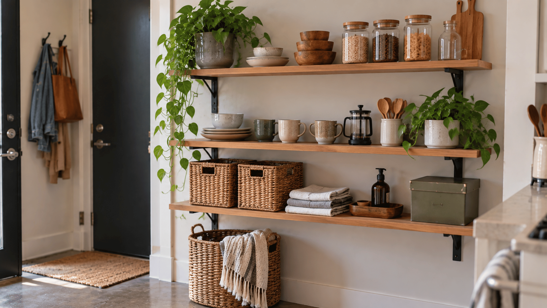 organized open shelves use grouped storage and empty space in a compact concrete studio