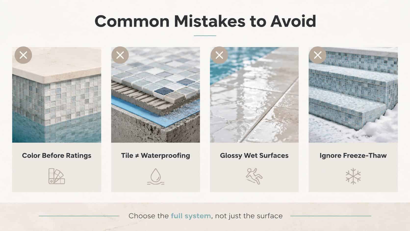 Four tiled pool features with close-up views showing potential issues to avoid in design