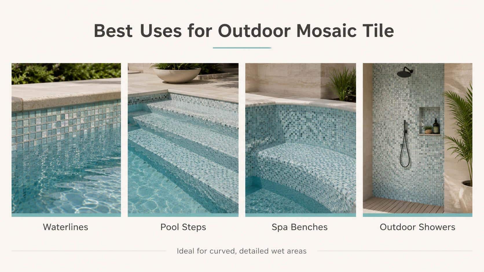 Outdoor mosaic tile examples on pool waterline, steps, spa bench, and shower area