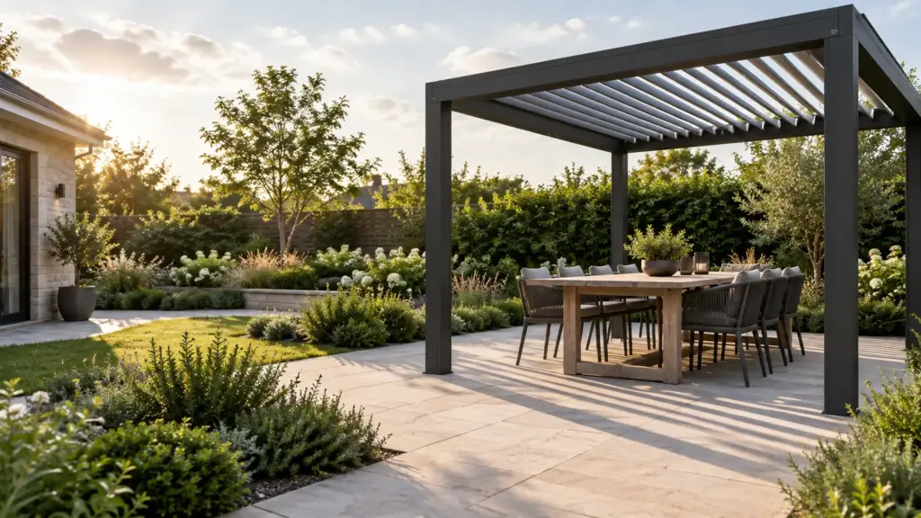 Outdoor dining area under modern pergola with sunset view and lush garden landscaping