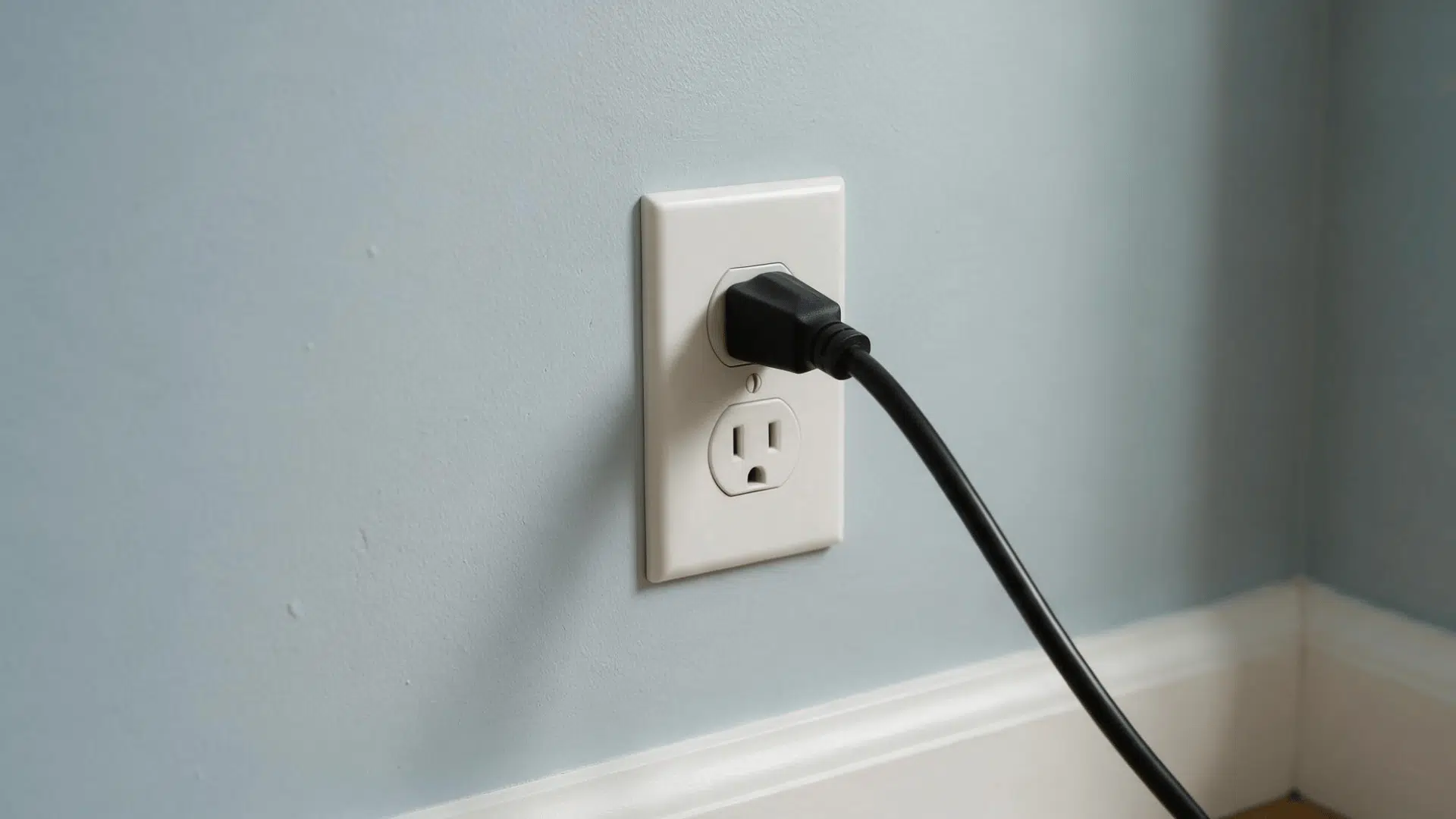 black cord plugged into a white wall outlet on a light blue wall