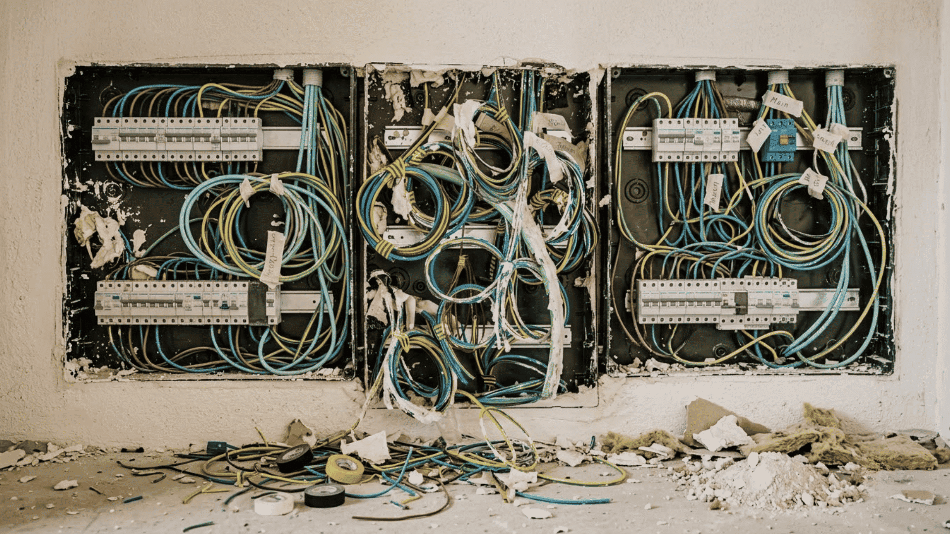 open electrical panel with crowded wiring and multiple circuit breakers inside the wall