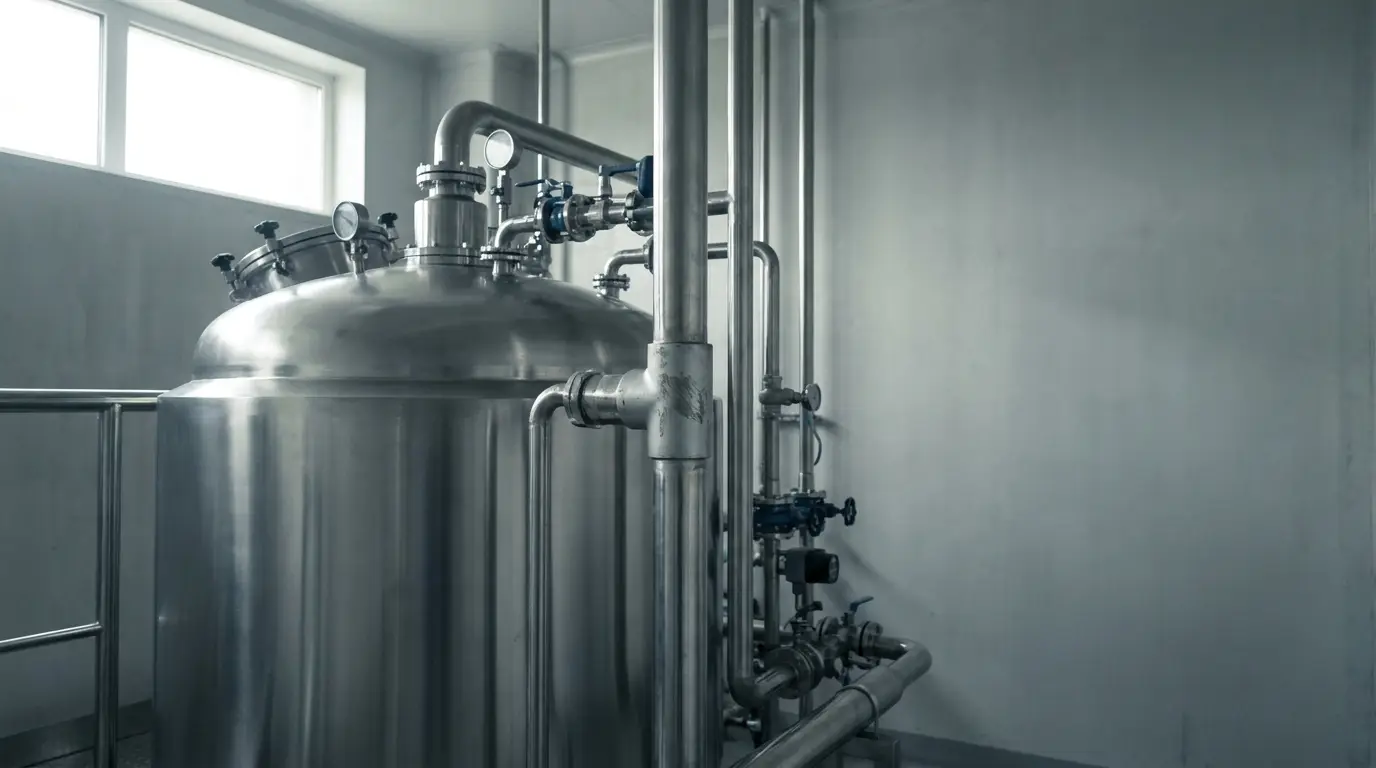 Stainless steel fermentation tank with connected pipes in an industrial processing facility