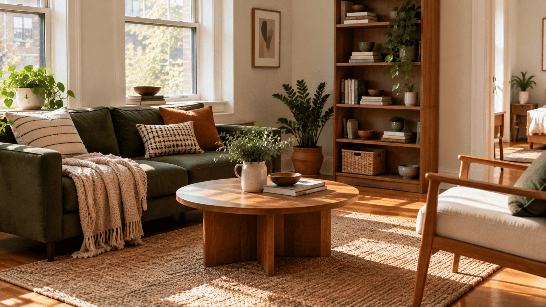 raised plants and one corner plant keep the floor open in a bright high-rise studio