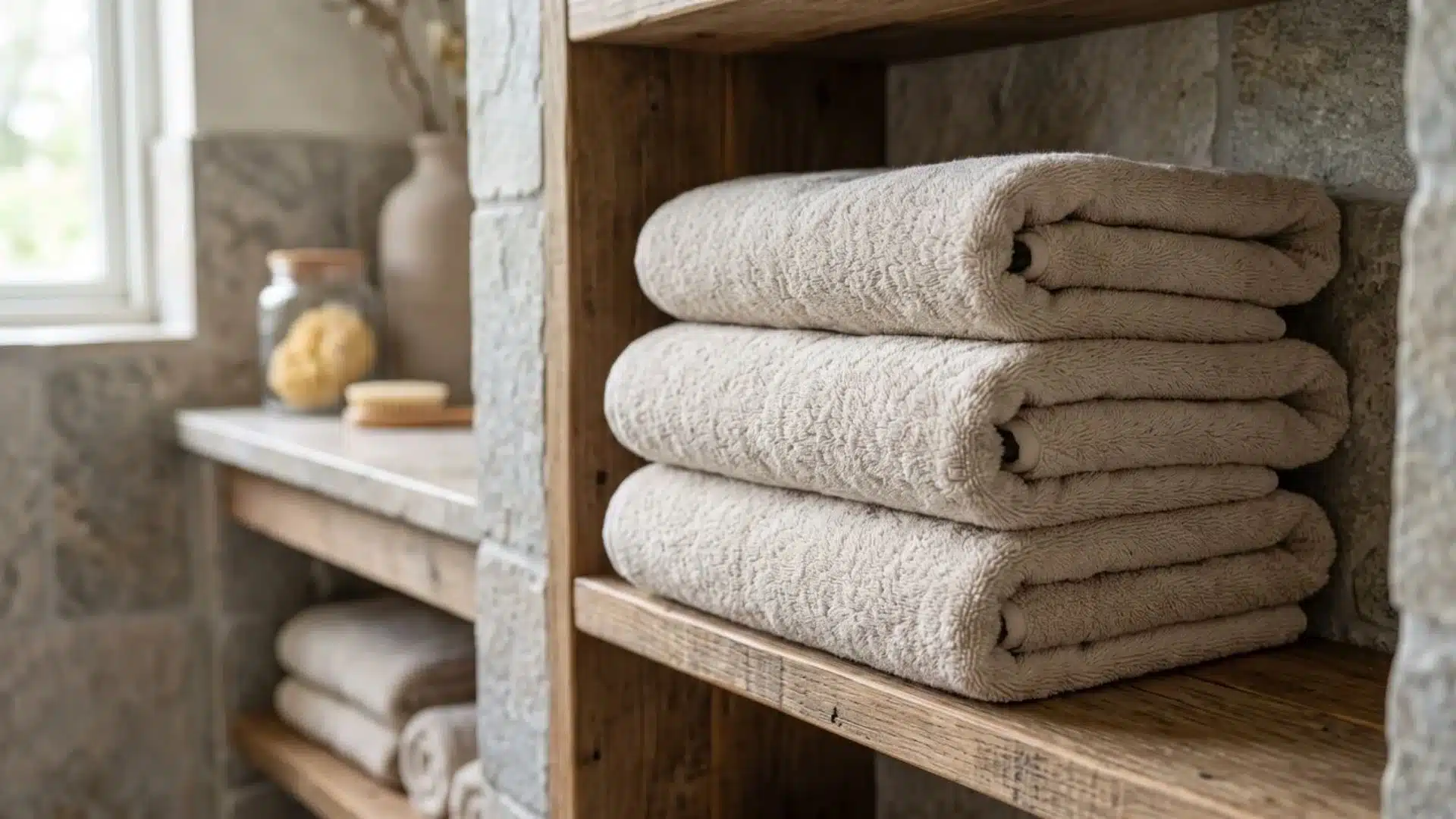 Plush oversized neutral towels neatly folded in a refined spa bathroom.