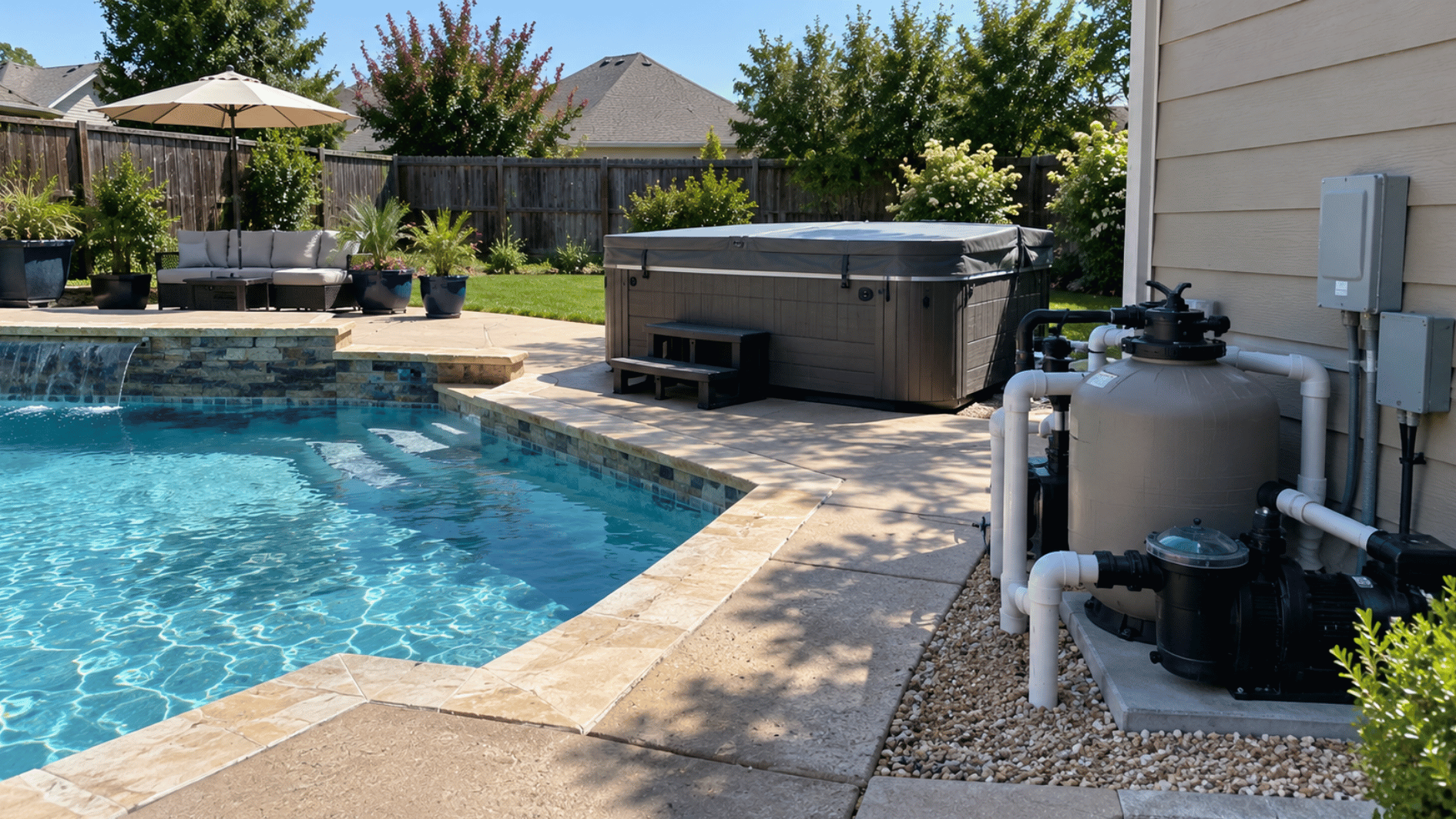 pool pump and hot tub equipment in a suburban american backyard beside a swimming pool