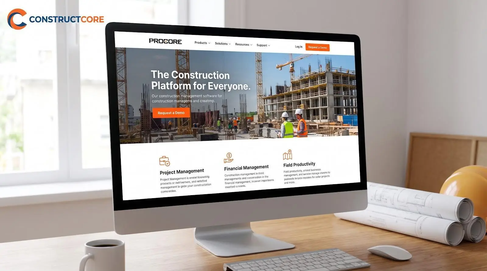 Computer monitor displaying construction platform website in bright office with architectural blueprints nearby